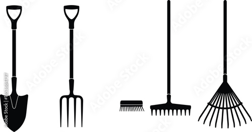 Black silhouette of various gardening tools shovel, pitchfork, rakes, broom, isolated on white background, vector illustration for landscaping and agriculture design