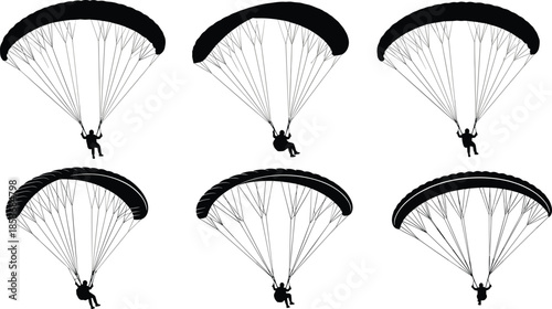 Paragliding silhouette set showing flying paraglider poses with parachute canopy, extreme adventure sport concept isolated on white background