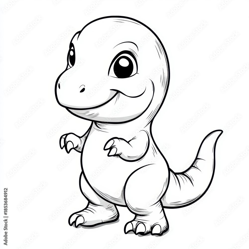 Fototapeta premium A delightful black and white cartoon image of a small, smiling dinosaur.