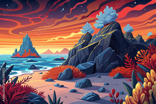 dark volcanic beach meets the sea, surrounded by sparse coastal plants adapted to harsh conditions and mineral-rich coastal soil