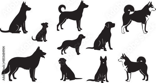Assorted Dog Silhouettes in Various Poses husky german shepherd