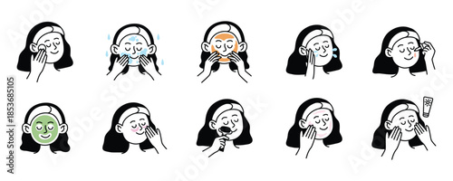 Beauty Treatment Steps Hand-Drawn, Daily Skincare Routine Vector Set