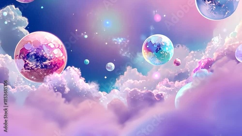 Colorful celestial spheres float in a dreamy cloud sky