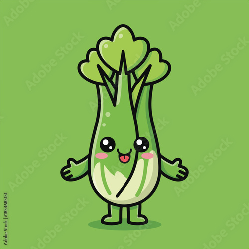 Cute Cartoon Bok Choy Mascot Character Smiling on Green Background
