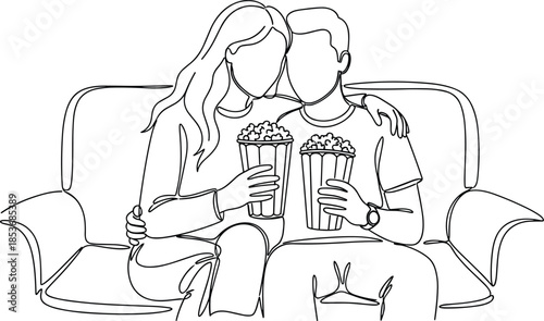 Couple sitting on couch, sharing popcorn, cozy moment, movie time, line art, minimalist style, togetherness, love, flat vector illustration
