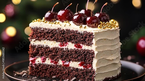 Chocolate cherry cake slice, festive background