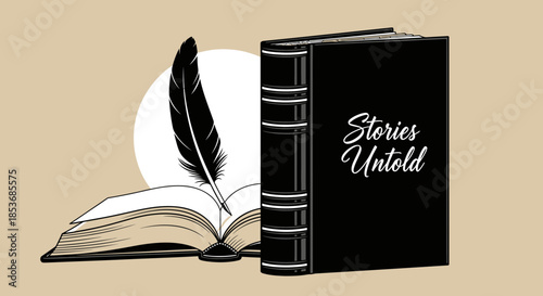 Creative Writing Concept with Feather Quill and Black Book Illustration