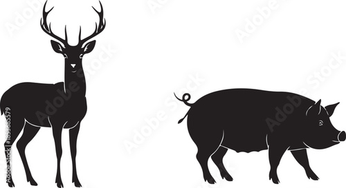 Black silhouettes of a deer and a pig animal wildlife