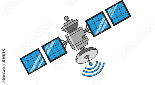 Communication Satellite with Signal Waves Cartoon Illustration Isolated on White