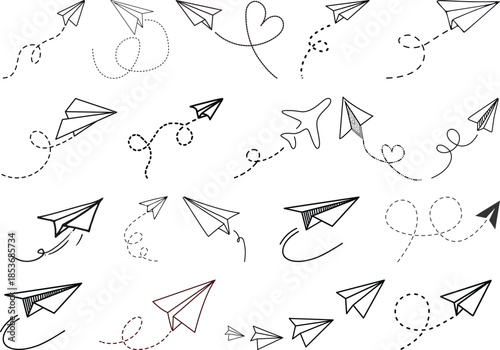 Line icon symbol of travel and route. Vector icon.Paper plane with dotted line, Origami paper airplane, Travel symbol,Plane icon set. Flight transport symbol. Airplane icon. Plane symbol.