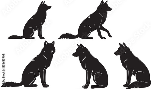 Black wolf silhouettes in various sitting poses animal