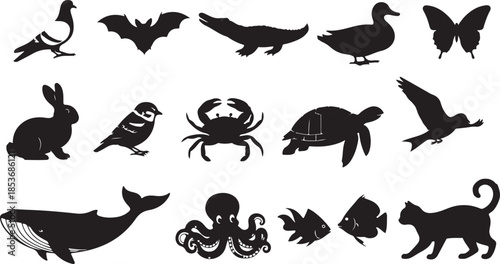 Collection of Black Animal Silhouettes on White Background Keywords: animal silhouettes, black