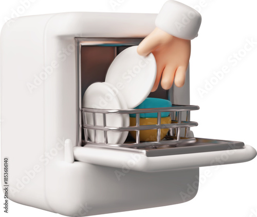 Open dishwasher with hand loads kitchenware 3D cartoon vector, kitchen household equipment, electronic home appliance