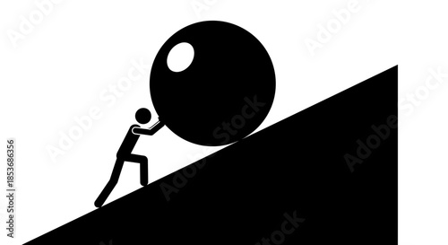 Stick Figure Pushing Boulder Uphill – Determination and Effort Concept Icon