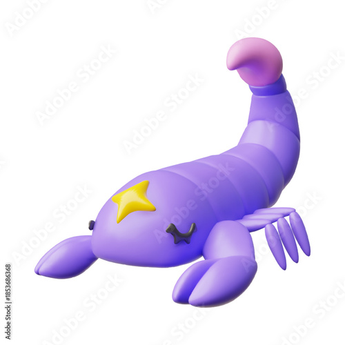 Cartoon 3D scorpion, purple, with a yellow star on the forehead, zodiac sign.