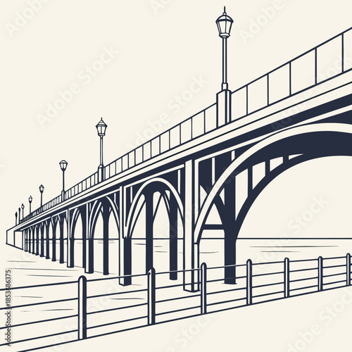 Illustrated arch bridge with lampposts