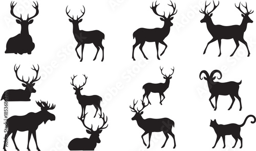 Collection of black silhouettes of various wild animals