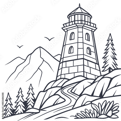 Lighthouse on mountainous shore