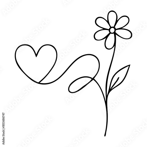 Dibujo sencillo con una única línea de un corazón unido a una flor tipo margarita 