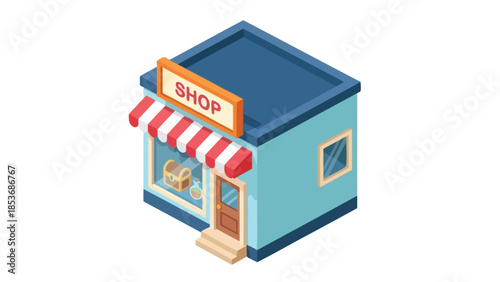 Isometric illustration of a small blue shop with a red and white striped awning and a sign reading 'SHOP' on a white background.