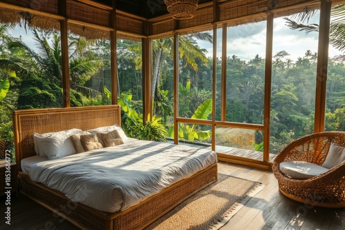 A bright cozy, modern bedroom with wicker furniture and windows overlooking the jungle. The concept of using environmentally friendly materials in interior design.