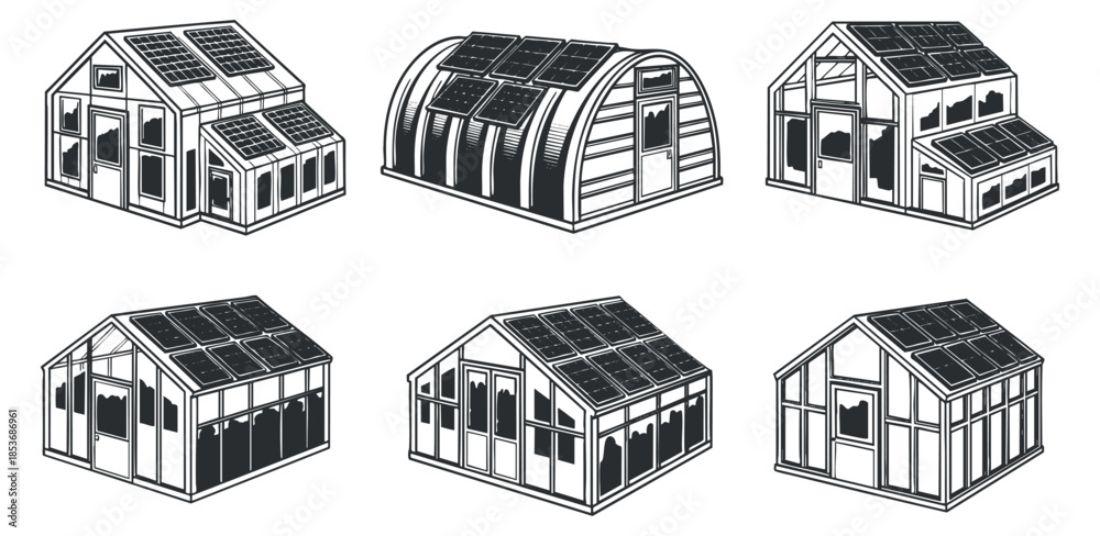 Fototapeta premium A collection of six different greenhouse designs featuring solar panels in black and white vector style, suitable for agricultural projects and sustainable farming