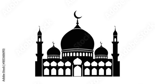 Islamic Mosque Silhouette Vector with Crescent Moon – Black Icon Design