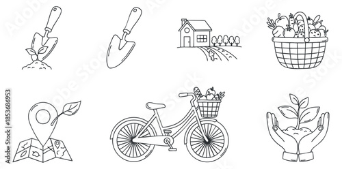 A collection of gardening and cycling icons including a shovel, bicycle, house, map, and plants in outline style, suitable for environmental and wellness themes
