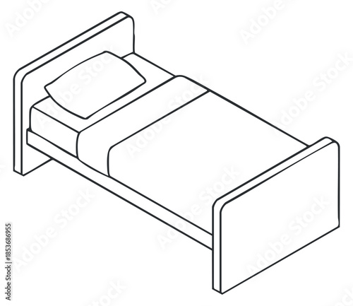 A minimalist outline illustration of a bed with a mattress and headboard in a modern vector style, ideal for interior design projects