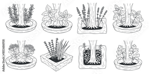 A collection of hand-drawn potted plants illustrating various herbs and flowers in black and white line art style, ideal for gardening and botanical projects