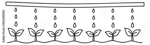 A line art illustration of small plants with raindrops above in minimalist vector style, perfect for gardening and eco-friendly designs