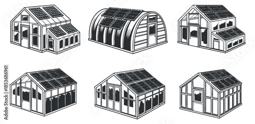 A collection of six different greenhouse designs featuring solar panels in black and white vector style, suitable for agricultural projects and sustainable farming