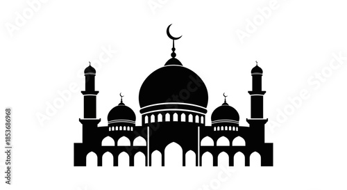 Islamic Mosque Silhouette Vector with Crescent Moon – Black Icon Design