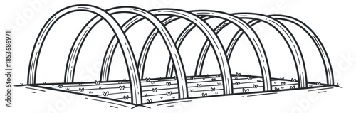 A simple illustration of a greenhouse structure with curved arches in black and white outline style, suitable for gardening and agricultural themes
