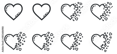 A collection of heart icons with various designs including solid, outline, and broken shapes in minimalist vector style, ideal for romantic and love-themed projects