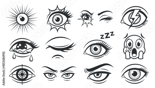 A collection of various eye illustrations showcasing different expressions and styles in black and white vector format, ideal for graphic design projects