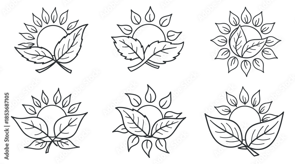 Fototapeta premium A collection of six sun and leaf icons in outline vector style, suitable for eco-friendly branding and nature themes