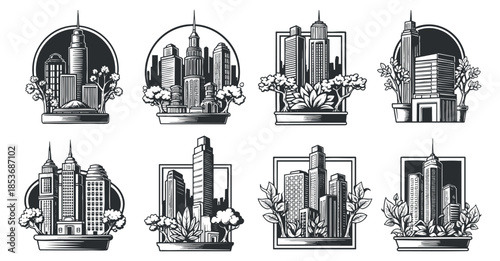 A collection of city skyline illustrations featuring iconic buildings and floral elements in black and white vector style, suitable for urban design projects
