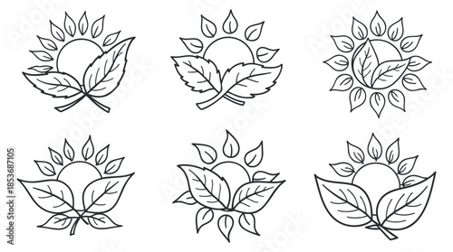 A collection of six sun and leaf icons in outline vector style, suitable for eco-friendly branding and nature themes