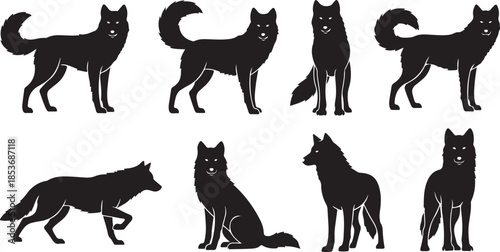 Eight black wolf silhouettes in different stances animal
