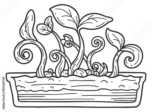 A hand-drawn illustration of sprouting plants with leaves in a simple line art vector style, ideal for gardening and nature-related projects
