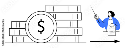 Stacks of coins with dollar symbol beside a presenter holding a report and pointing forward. Ideal for finance, investment, budget, strategy, consulting, analysis, economic growth. Simple flat