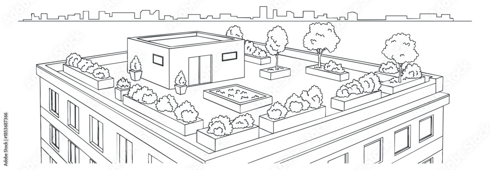 Fototapeta premium A detailed outline illustration of a rooftop garden on a modern building in minimalist vector style, suitable for urban design projects