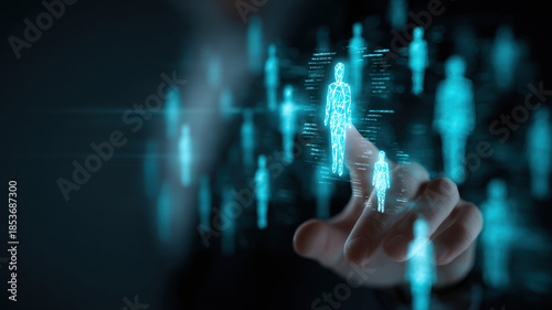 Abstract Digital People Silhouettes with Financial Graph Data Holographic Blue Network Business Analytics Technology Big Data