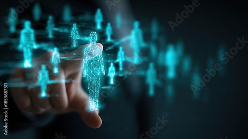 Hand Touching Holographic Blue People Icons Network Digital Human Resources Management Technology Social Connection Business Concept