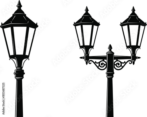 Black silhouette of vintage street lamps on white background