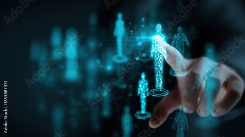 Hand Touching Holographic Blue People Icons Network Digital Human Resources Management Technology Social Connection Business Concept