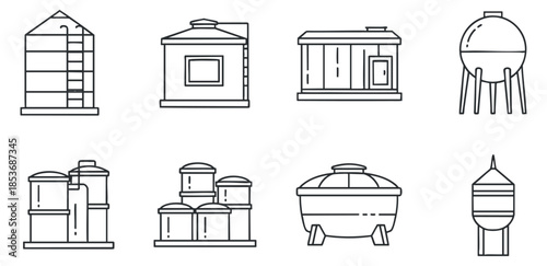A collection of different storage tanks and silos in black and white outline vector style, suitable for industrial and agricultural designs
