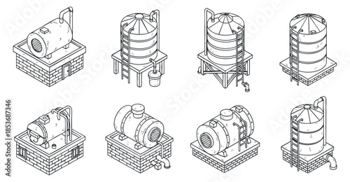 A collection of industrial equipment icons including pumps, tanks, and systems in outline vector style, suitable for engineering and technical illustrations