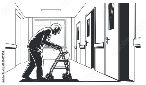 An elderly person using a walker in a black and white minimalist vector illustration, suitable for healthcare and senior care themes